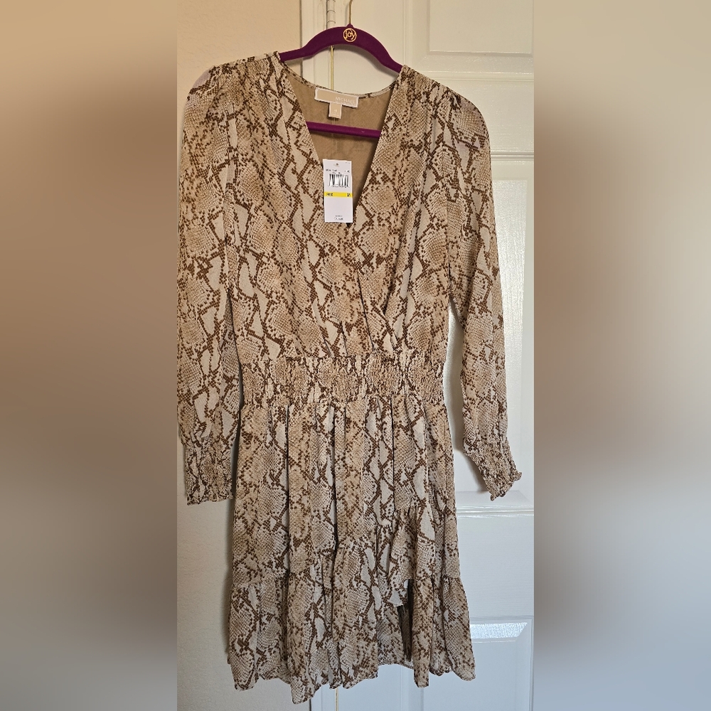 Michael Kors Beige Snake Print Long Sleeve Dress